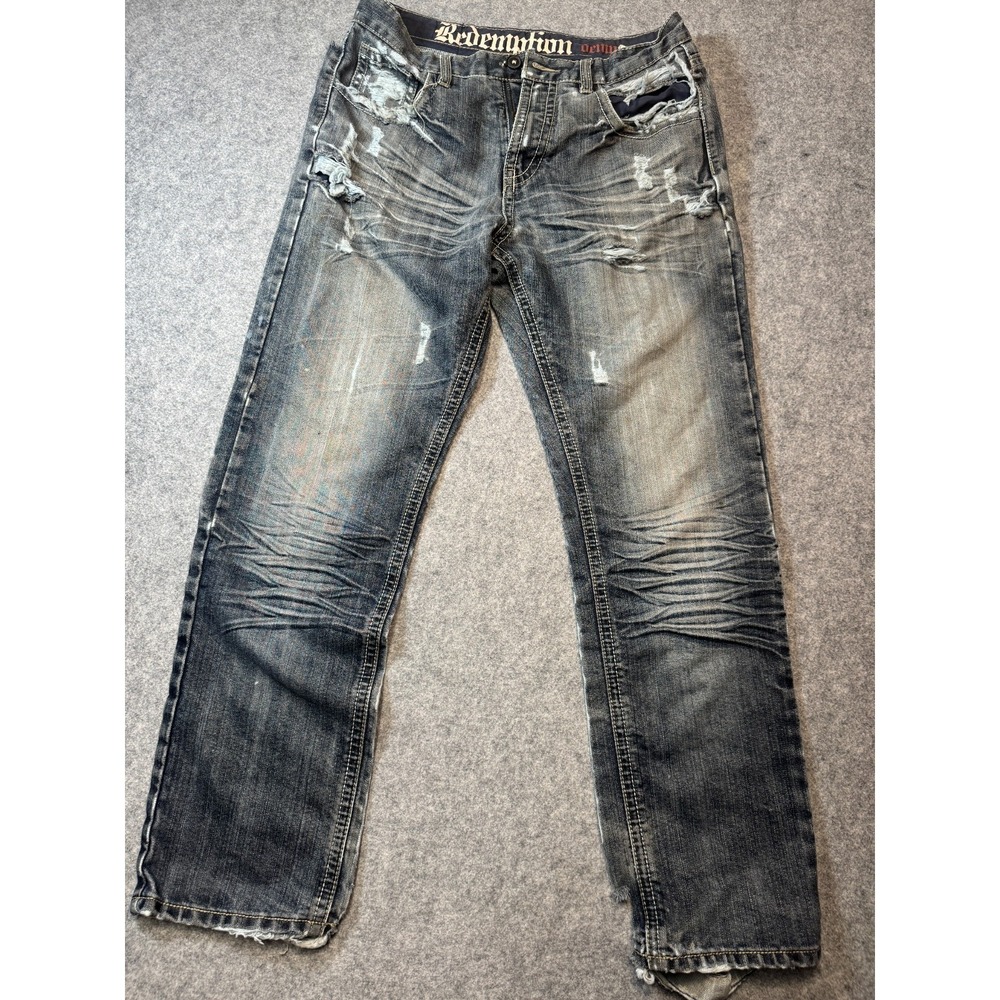 Redemption Jeans Mens 32x30 Blue Denim Cotton Mid Rise Straight Distressed